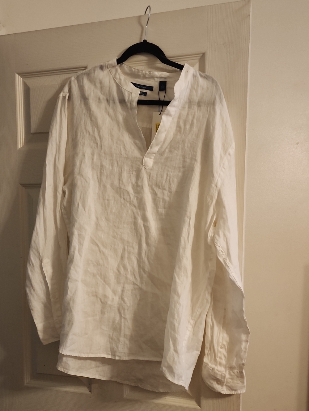Perry Ellis Men's White Collarless Button-Down Linen Shirt